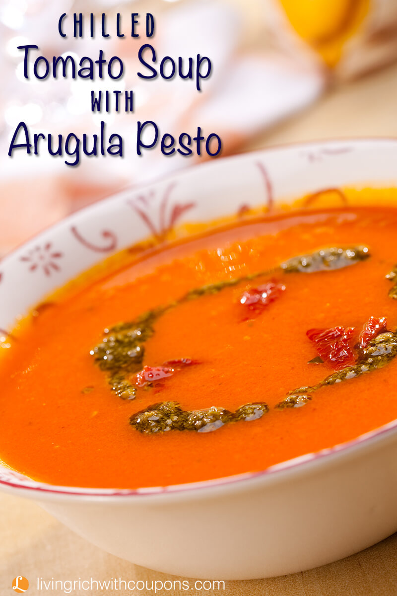 Chilled Tomato Soup with Arugula Pesto
