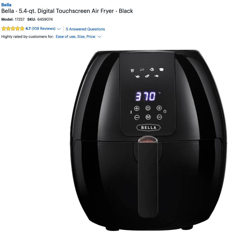 Best Buy: Bella 5.4-qt. Digital Touchscreen Air Fryer Black 17257