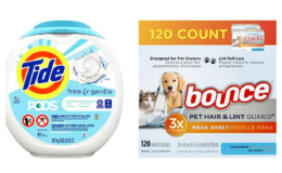 Stock Up Price + Coupon! Tide Pods Free & Gentle 81 ct with Bounce Pet Dryer Sheets, Unscented, 120 ct