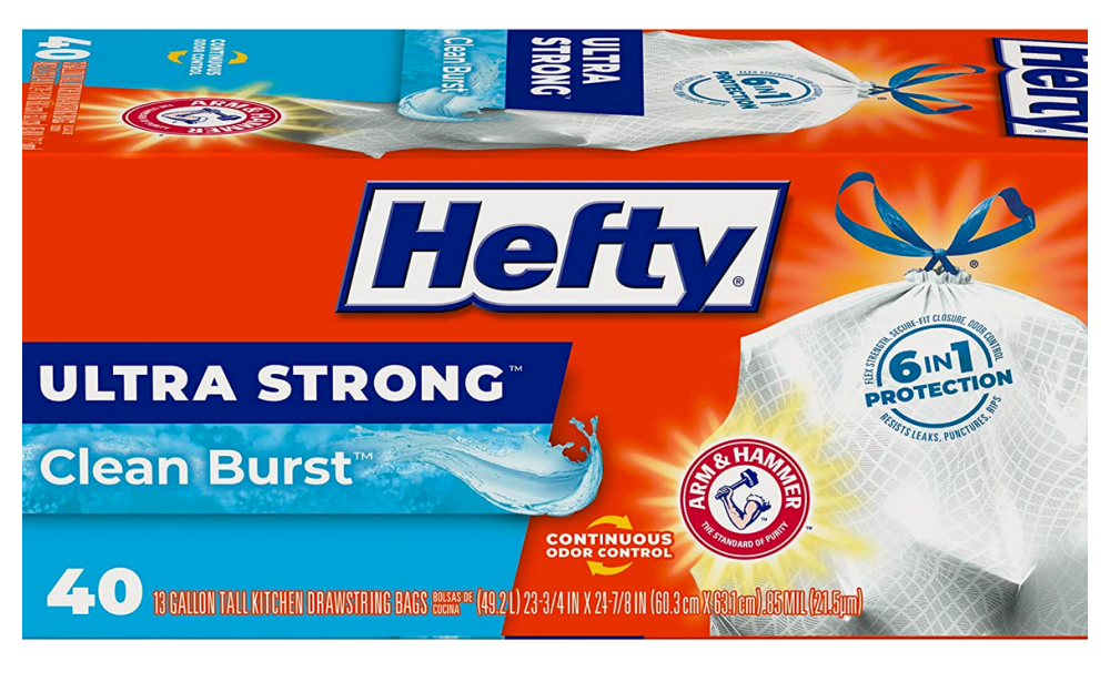 Hefty Ultra Strong Tall Kitchen Trash Bags, Clean Burst Scent, 13 Gallon,  40 Count 