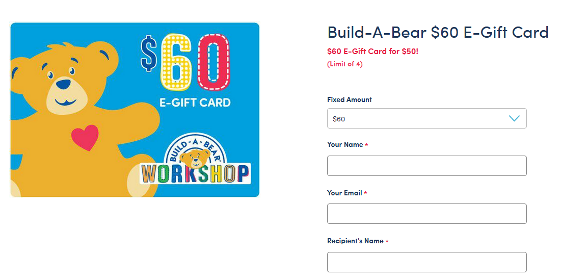 Last Minute Gift! Pay $50 for a $60 E-Gift Card at Build-A-Bear, Email  delivery!