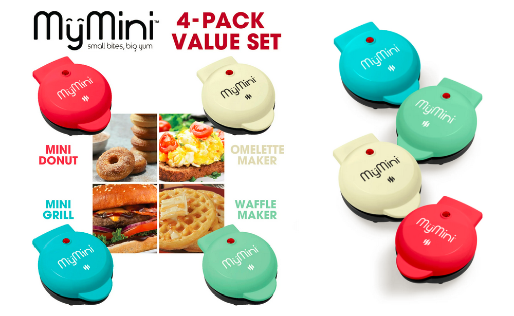 MyMini Deluxe Value Box Set Includes Waffle Maker Griddle Donut Maker and Omelette Maker 4 Pack