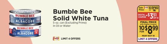 ShopRite Can-Can Sale-$0.90 Bumble Bee Solid White Albacore 5oz Tuna ...