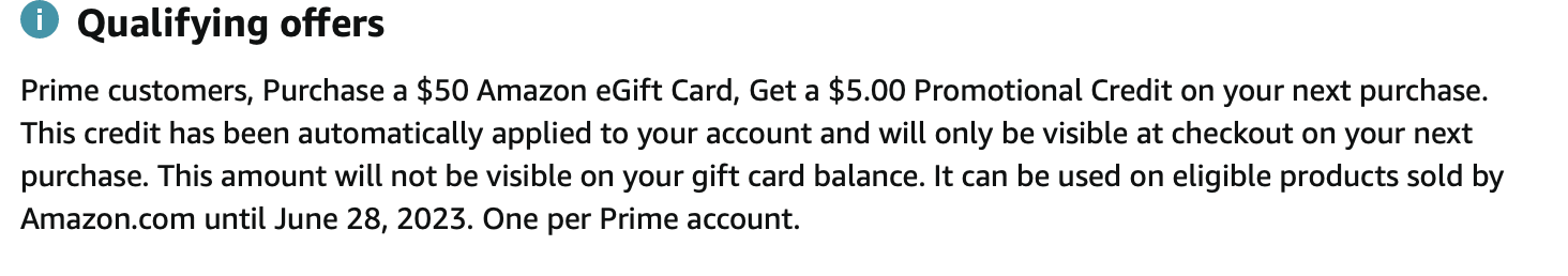 Free $5 Credit with $50  Gift Card Purchase for Prime