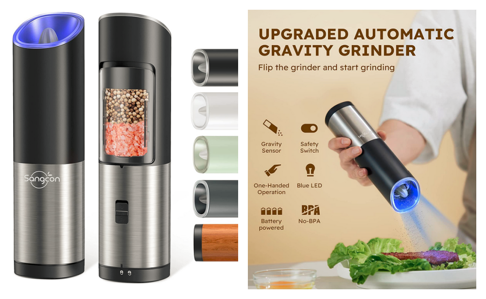 Sangcon Electric Salt and Pepper Grinder Mill Set, Safety & Gravity Switch, Battery Powered with LED Light, Adjustable Coarseness, One Hand