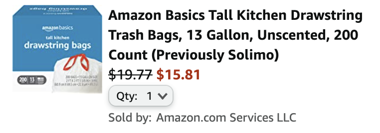 Solimo Trash Bags (Unscented, Tall Kitchen Drawstring, 13 Gallon