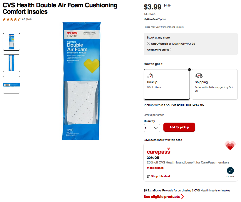 CVS Health Double Air Foam Insoles as Low as 1.33 for CarePass Members