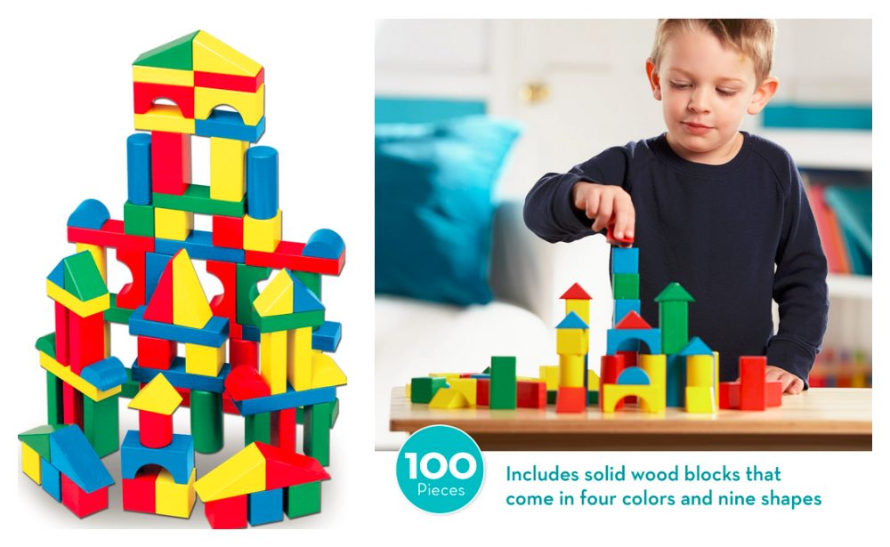 Melissa & Doug Wooden Building Set - 100 Blocks in 4 Colors and 9 Shapes