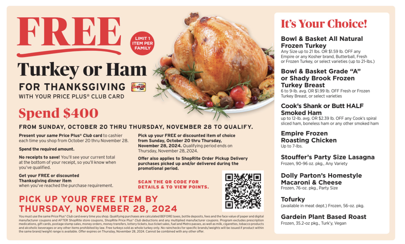 shoprite holiday dinner promo | earn a free turkey, ham + more