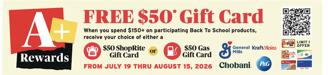 Hot! ShopRite A+ Rewards Gift Card Promo-Earn a $50 Gas or ShopRite Gift Card!
